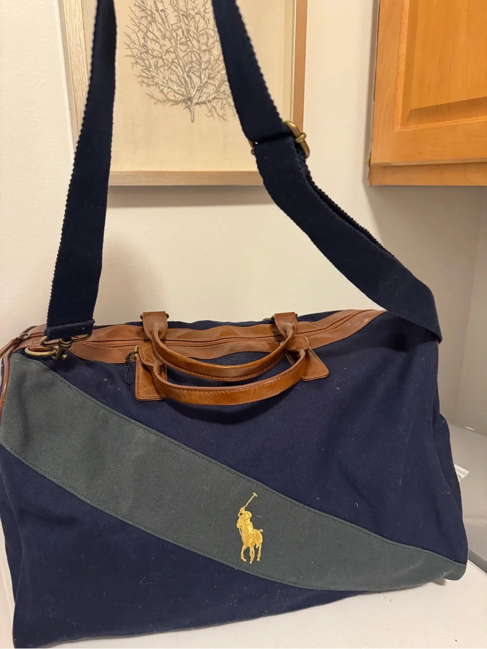 VTG Ralph Lauren Navy Canvas Duffel with Brown Leather Trim and Yellow Logo